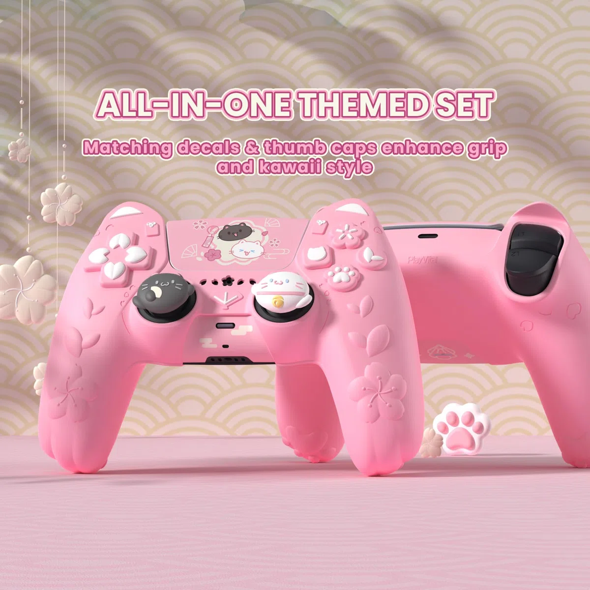 PlayVital Cover Controller per ps5 Joystick Custodia Silicone Grip Antiscivolo con Copri Analogici e Adesivi, Accessori Protettivi Carini, Adatto per ps5 Base di Ricarica, Gattino di Fiori-Rosa