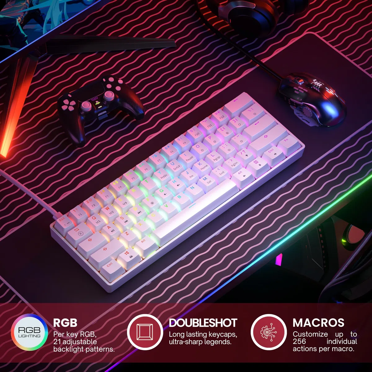 GK61, Tastiera meccanica da gaming, 61 tasti multicolore RGB, retroilluminata con illuminazione a LED, con cavo, programmabile, cablata, per giocatori su PC e Mac (layout italiano non garantito
