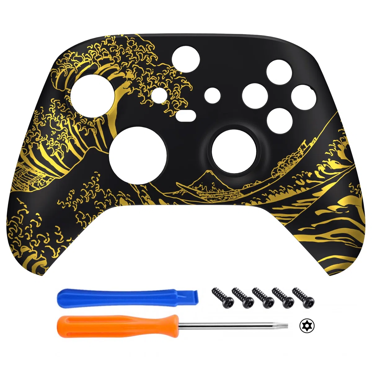 eXtremeRate Cover Frontale per Xbox Series X S Controller Model 1914,Scocca Custodia Copertura Ricambio per Xbox Series X S Joystick,Senza Controller-Grande Onda d'oro Nera