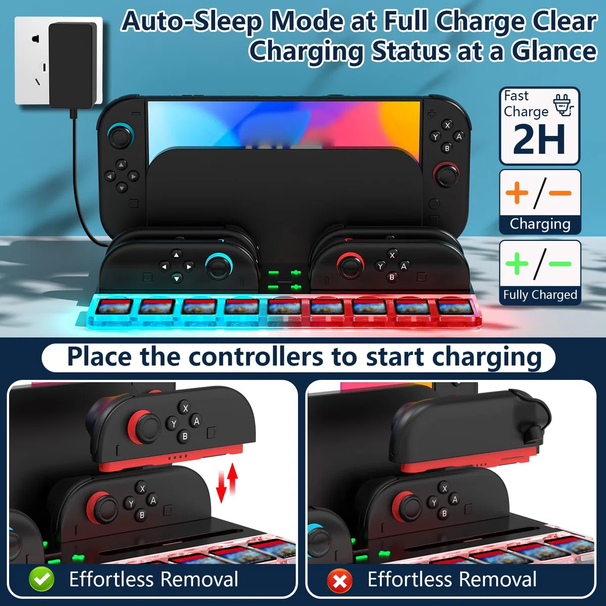 Caricatore Joycon per Nintendo Switch 2, Stazione di Ricarica per Controller Switch 2 con 7 Luci RGB/9 Memorizzazione Della Scheda di Gioco, Compatibile con 4 Joy Con