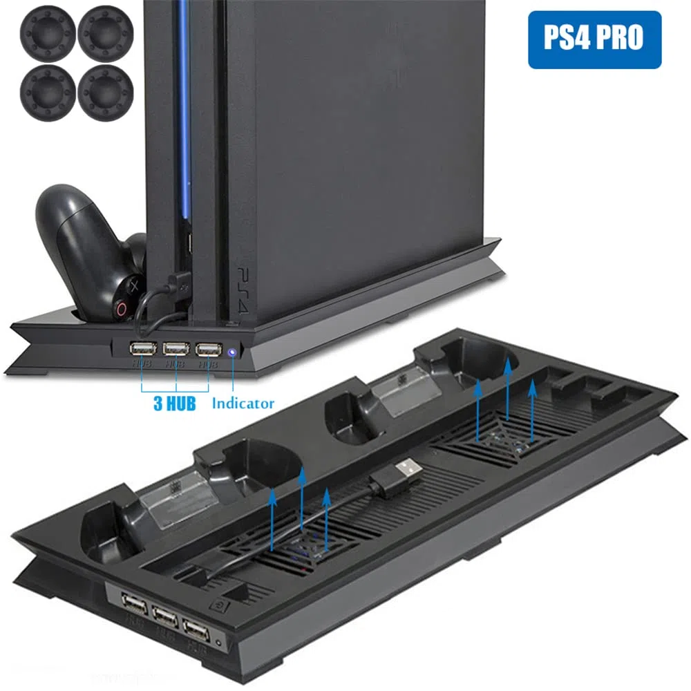 Per PS 4 PRO Supporto Verticale di Raffreddamento 2 Controller Charger Charging Dock Station 2 con Doppia porta di Ricarica 1 USB e 2 HUB per Play station 4 Pro Console (NERO)