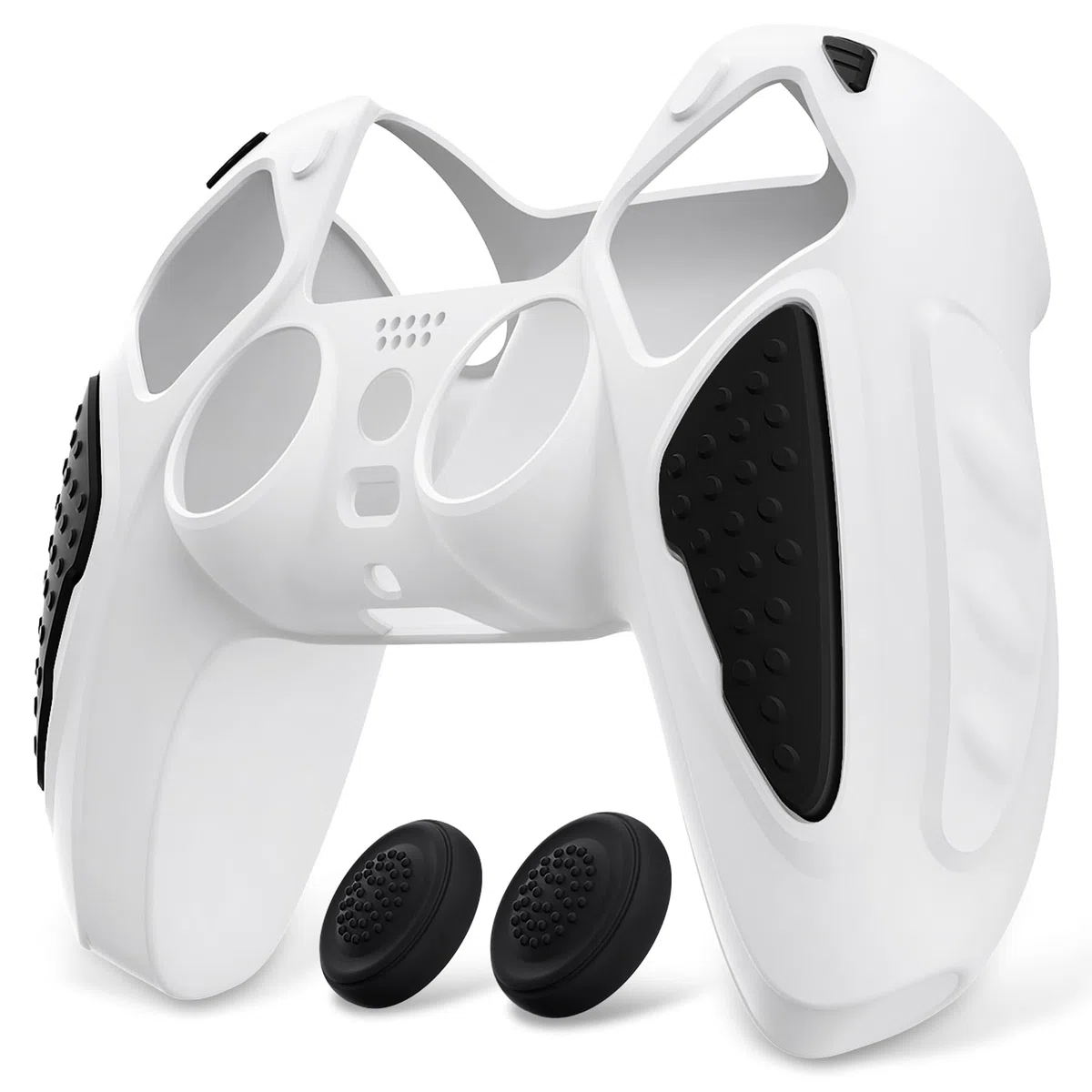 PlayVital Cover Silicone per ps5 Joystick Custodia Controller Skin Antiscivolo Copertura Gomma Protettiva&2 Copri Levette Analogiche, Knight Edizione, Bianco&Nero