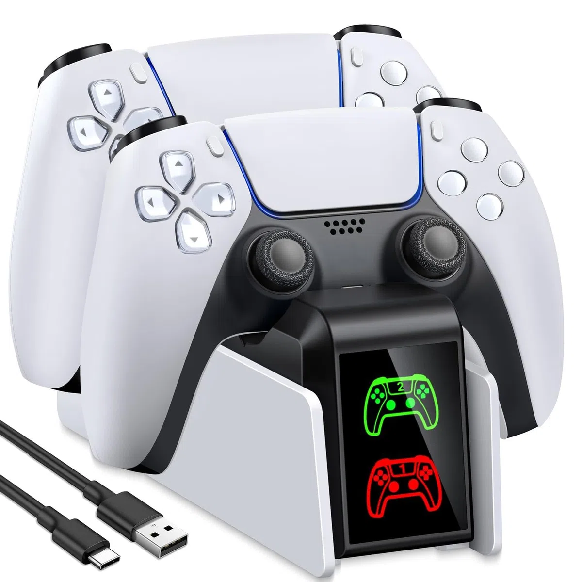 PS5, stazione di ricarica per controller PS5, set di accessori per Dualsense Wireless/Edge, stazione di ricarica per controller PlayStation 5 con ricarica rapida 2 ore, luce RGB fredda