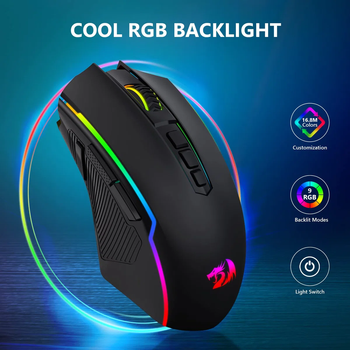 Redragon Gaming mouse wireless, Rechargeable PC Gaming Mice with 8000 DPI, RGB Backlit Programmable Ergonomic Wireless Gaming Mouse with Fire Button, 70Hrs for Windows, Mac Gamer,Black