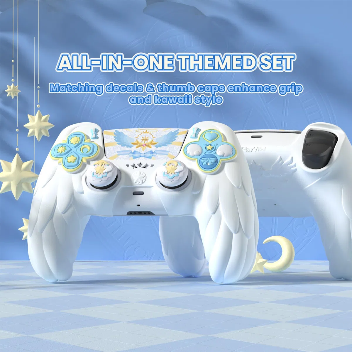 playvital Cover Controller per ps5 Joystick Custodia Silicone Skin Protettivo Grip Antiscivolo & Copri Analogici & Adesivi Carini, Adatto per ps5 Base di Ricarica, Ali Magiche-Bianco