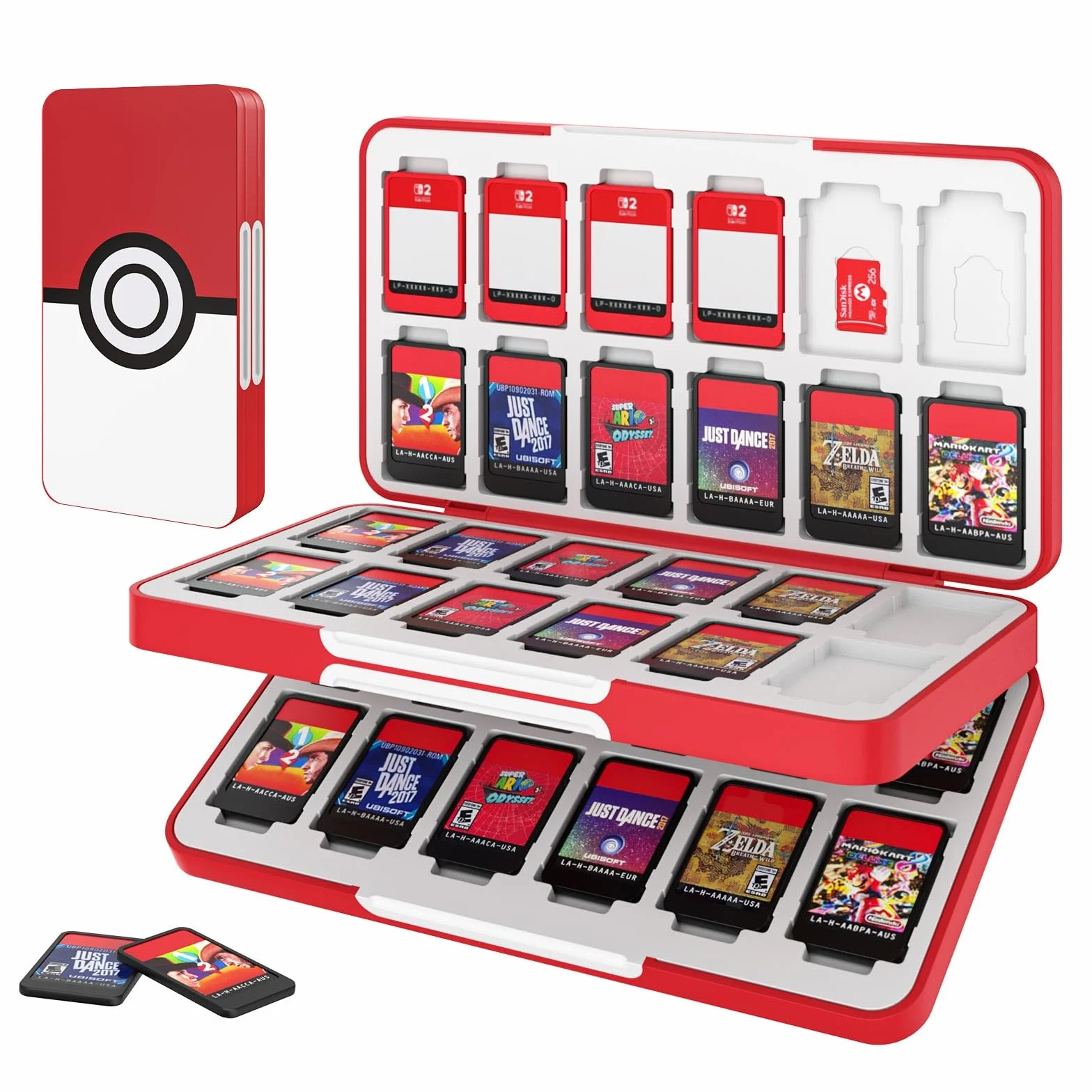 MoKo Porta Schede, Custodia Porta Cartucce di Gioco Compatibile con Switch 2/Switch OLED 2021/Lite, Custodia Protettiva con 48 Scompartimenti Schede Gioco, 24 Scompartimenti Micro SD, Bianco&Rosso