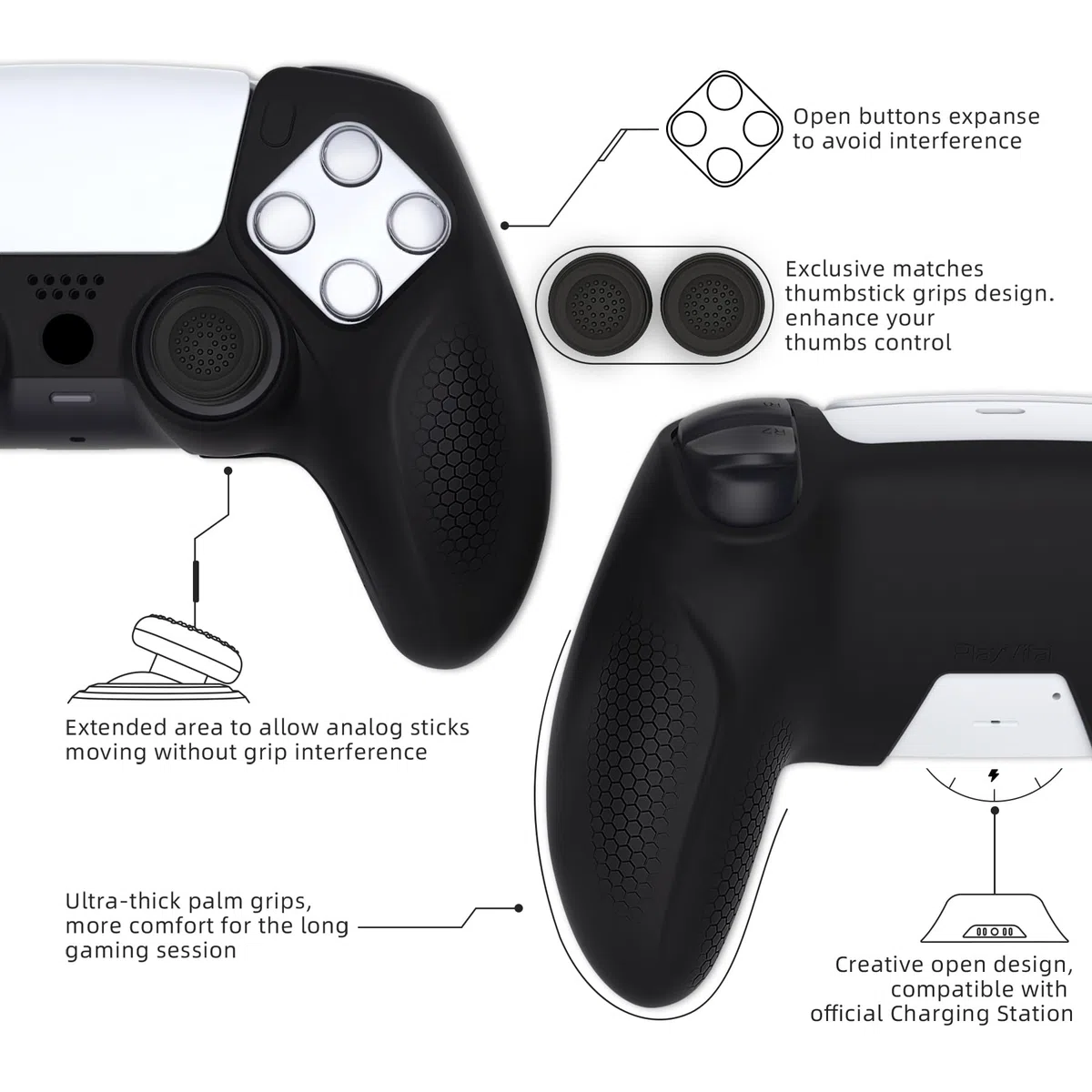 playvital Cover Controller per ps5, Joystick Custodia Protettiva Skin Silicone Grip Ergonomico Antiscivolo & 2 Copri Analogici, Adatto per Base di Ricarica, Ninja Edizione, Nero