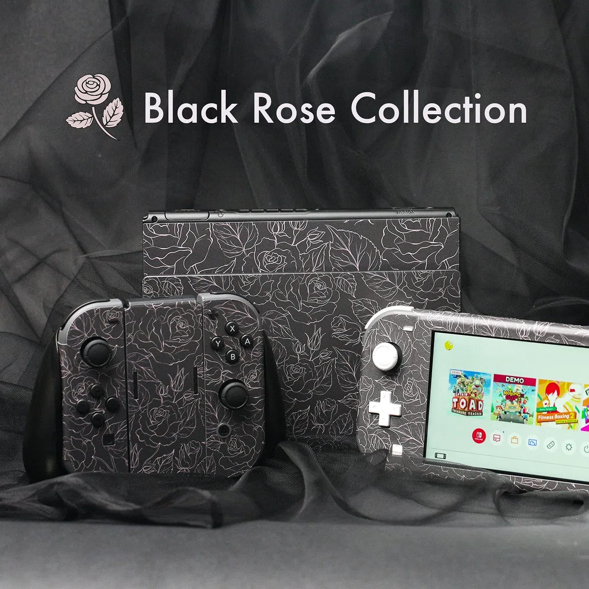 BelugaDesign Rose Switch Skin | Adesivi in vinile pastello con motivo floreale | Carino e romantico per San Valentino | Compatibile con Nintendo Switch (Lite, nero)