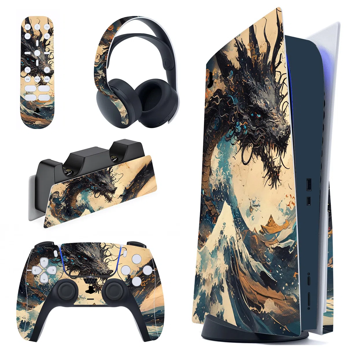 PlayVital Adesivo Skin per ps5 Console Disco Edizione&Controller&Telecomando&Cuffie&Base di Ricarica,Sticker Decal Cover Vinile per Standard Edition-Drago Tempesta