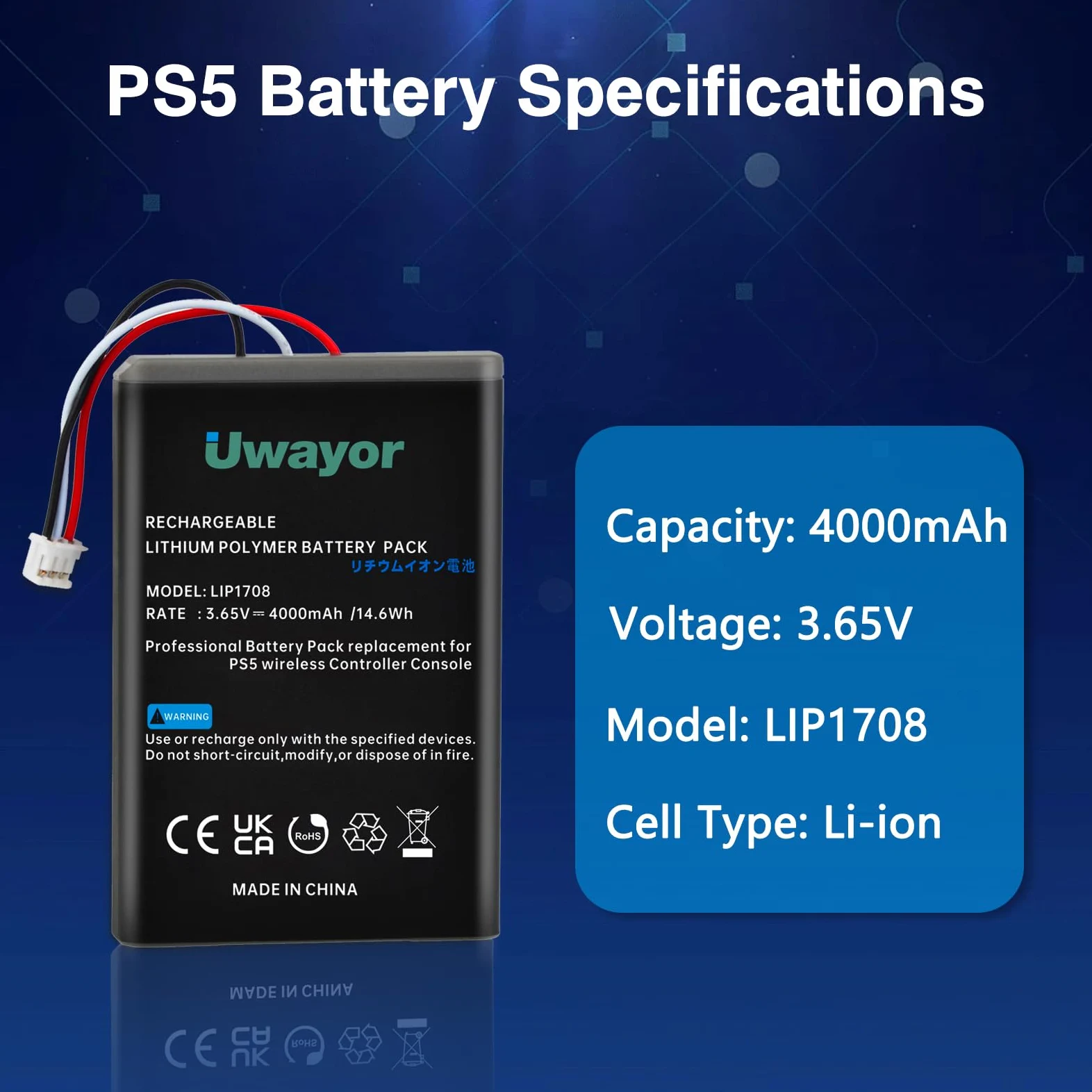 Batteria per controller PS5, 4000 mAh, LIP1708, ricambio per Sony PlayStation 5 DualSense CFI-ZCT1W Wireless Controller