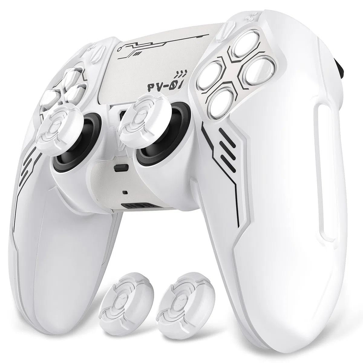 playvital Cover Controller per ps5 Joystick Custodia Silicone Skin Antiscivolo Grip Ergonomico, 2 Copri Analogici e 6 Adesivi, Adatto per Stazione di Ricarica, Mecha-Bianco