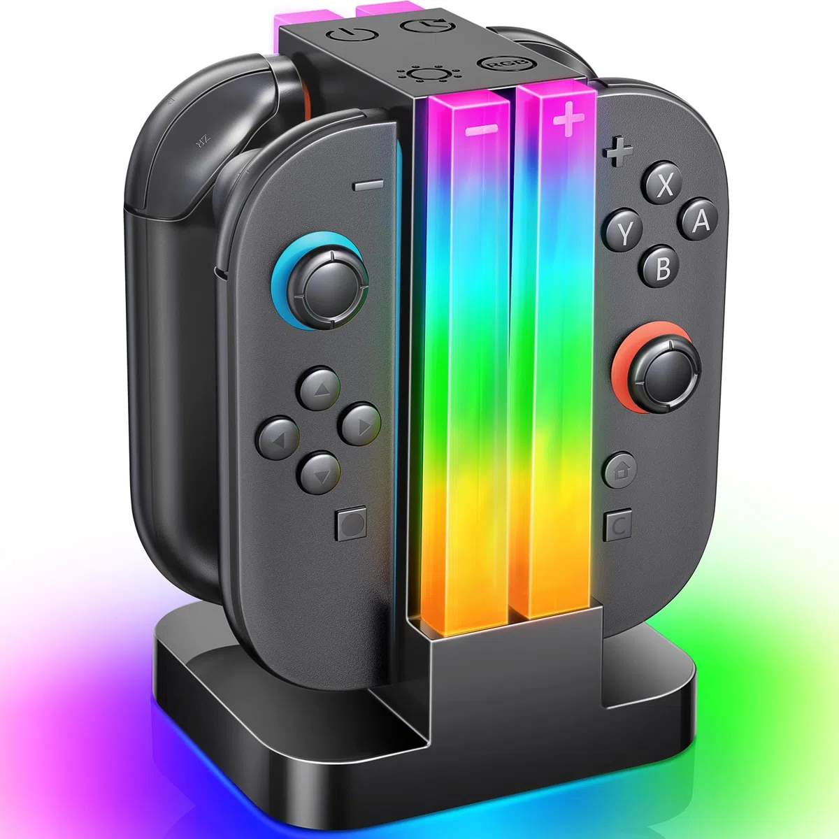 Stazione di ricarica per Switch 2 Joy cons, Caricatore di Joycon Compatibile con Nintendo Switch 2 Controller con 6 Modalità di Luce RGB e Funzione Timer