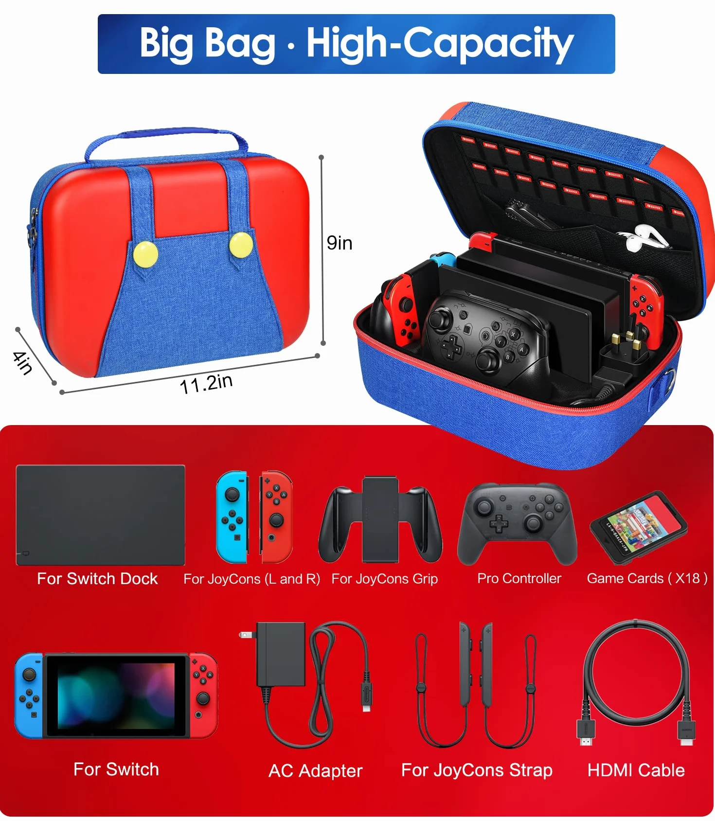 iVoler Custodia di Trasporto per Nintendo Switch, Case da Viaggio Rigido Deluxe per Console Switch, Dock Switch, 18 Cartucce di Gioco e Altri Accessori (Rosso/Blu)