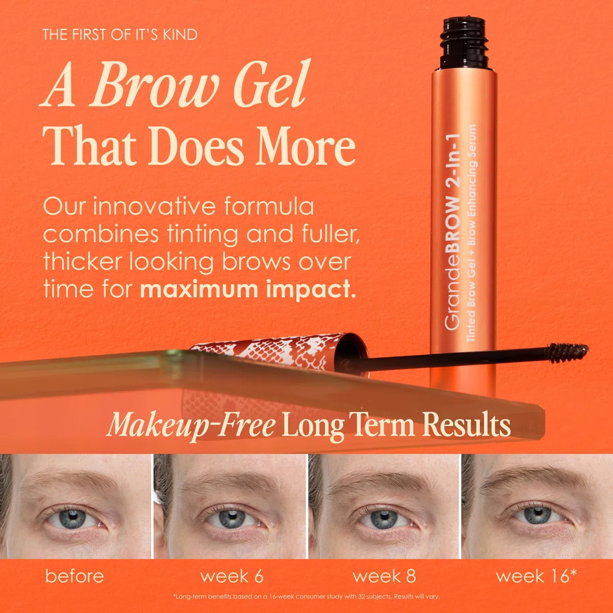 Grande Cosmetics GrandeBROW 2-in-1 Brow Gel Colorato per Sopracciglia + Siero Potenziante - Colore e Volume Immediati - Sopracciglia Visibilmente Più Spesse - Tono Medio