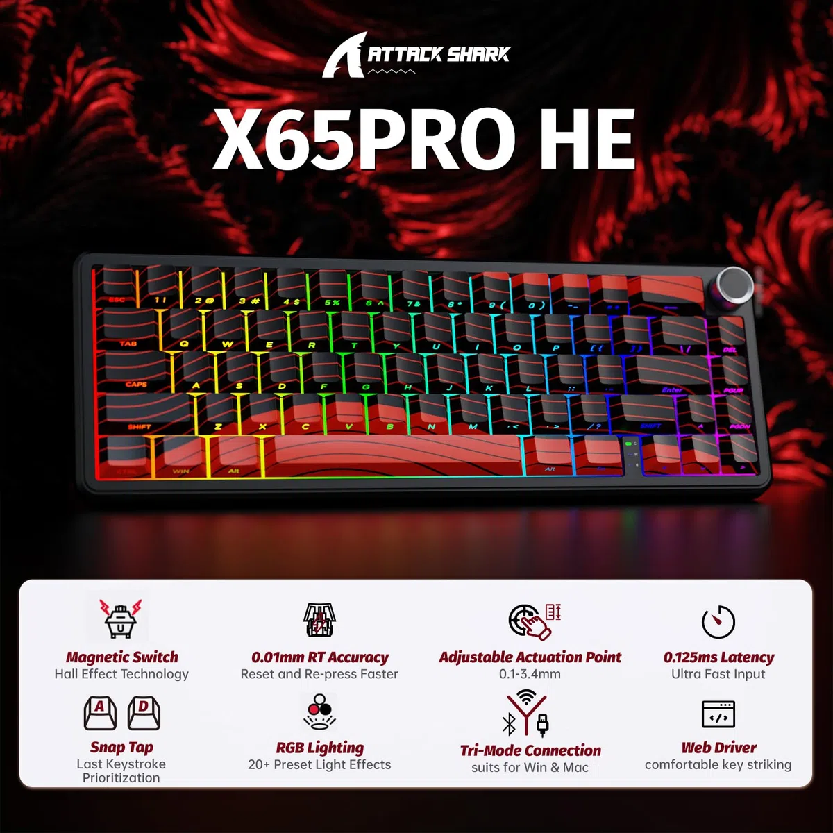 ATTACK SHARK X65PRO HE Tastiera Rapid Trigger 8000Hz, Tastiera Gaming Wireless RGB 60% con Precisione RT di 0,01mm, Switch Magnetici, Attuazione Regolabile, Snap Tap, per PC/Mac, Rosso