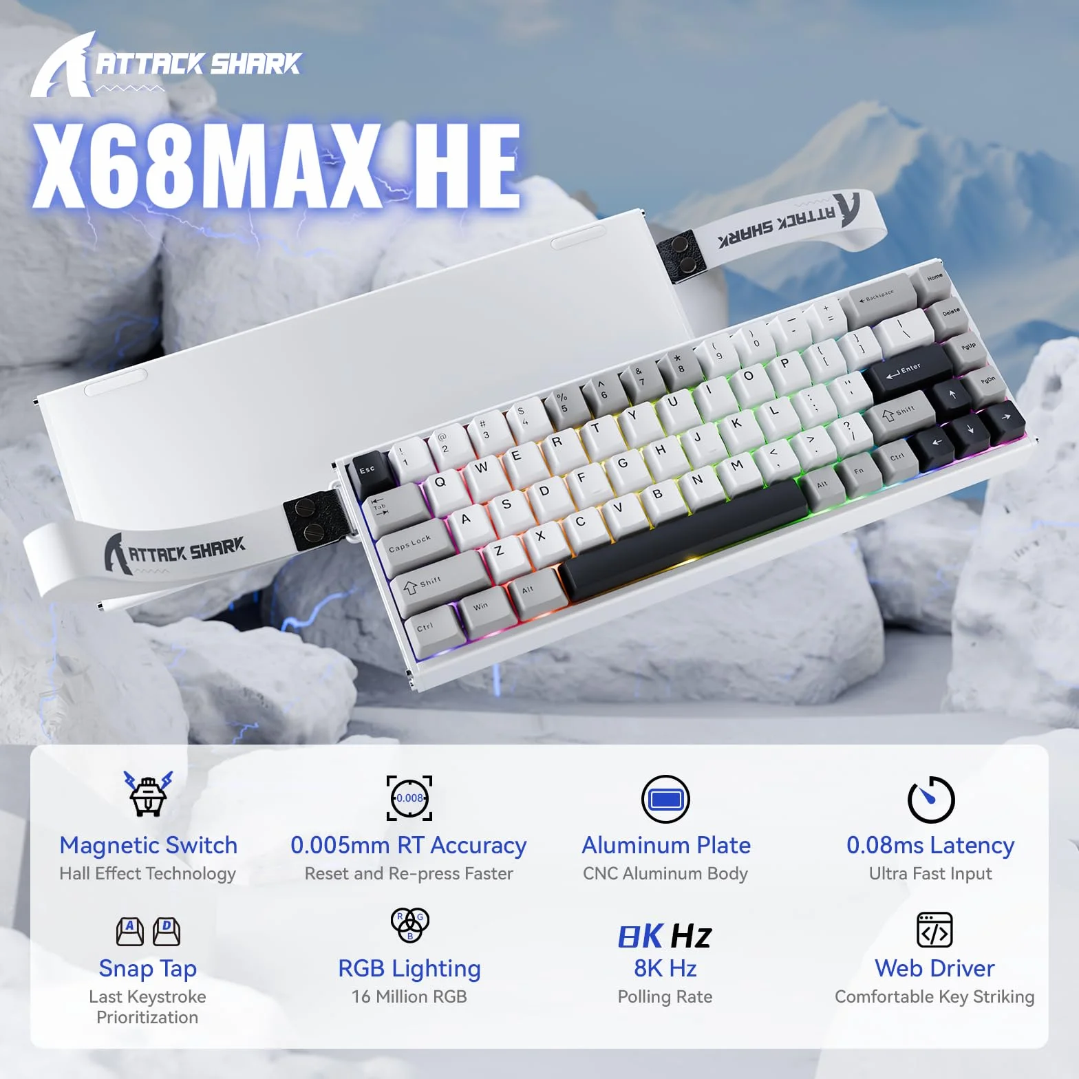 ATTACK SHARK X68MAX HE Tastiera da gioco cablata in alluminio con grilletto rapido e interruttori magnetici,precisione RT di 0,005mm,attuazione regolabile,8KHz,latenza di 0.08ms,RGB