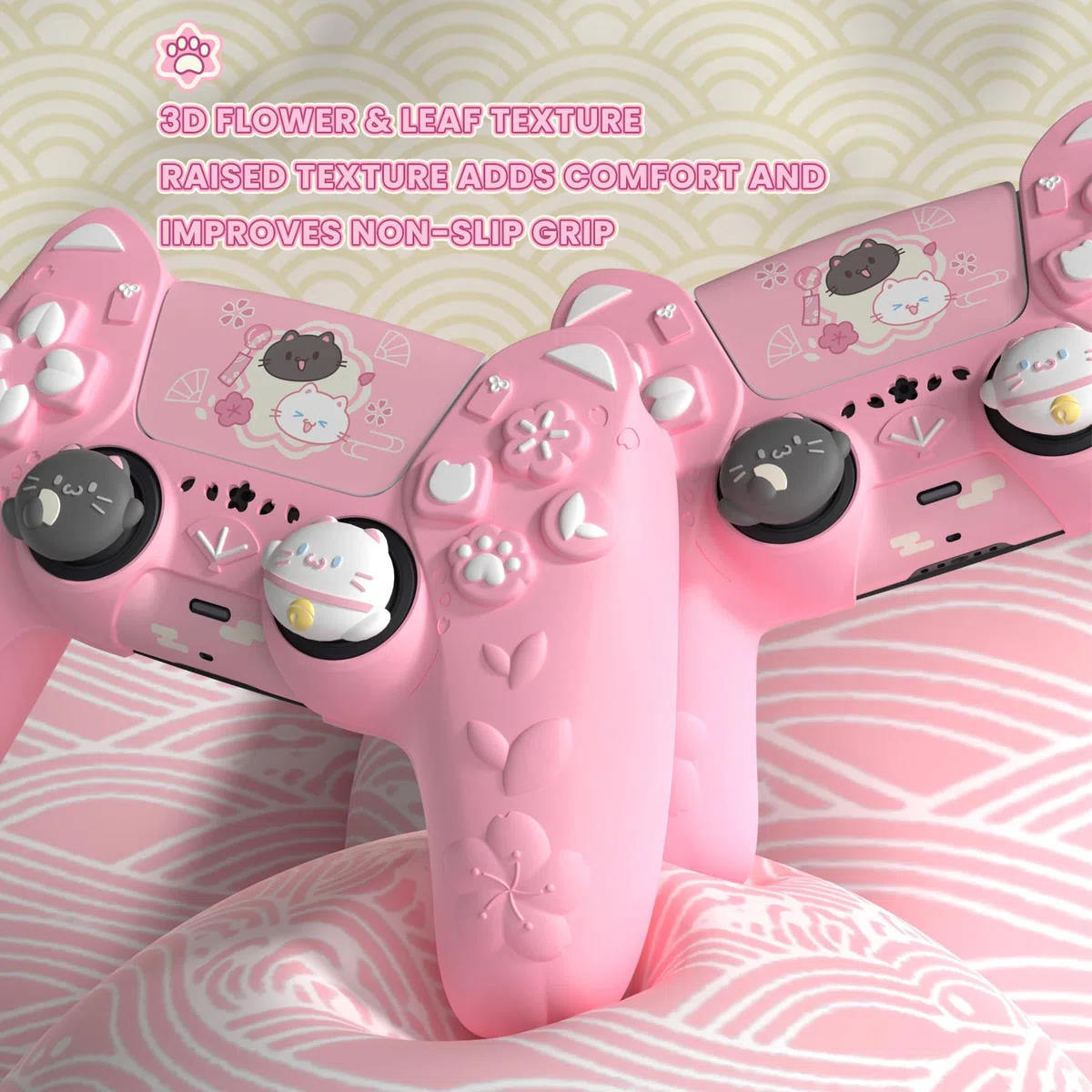 PlayVital Cover Controller per ps5 Joystick Custodia Silicone Grip Antiscivolo con Copri Analogici e Adesivi, Accessori Protettivi Carini, Adatto per ps5 Base di Ricarica, Gattino di Fiori-Rosa