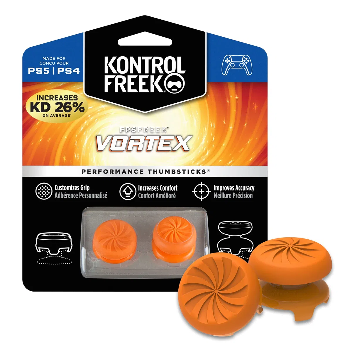 KontrolFreek FPS Freek Vortex per Controller PS5|PS4, Performance Thumbsticks Copri Joystick di Gioco | 1 levetta convessa alta, 1 levetta concava di media altezza | Arancione