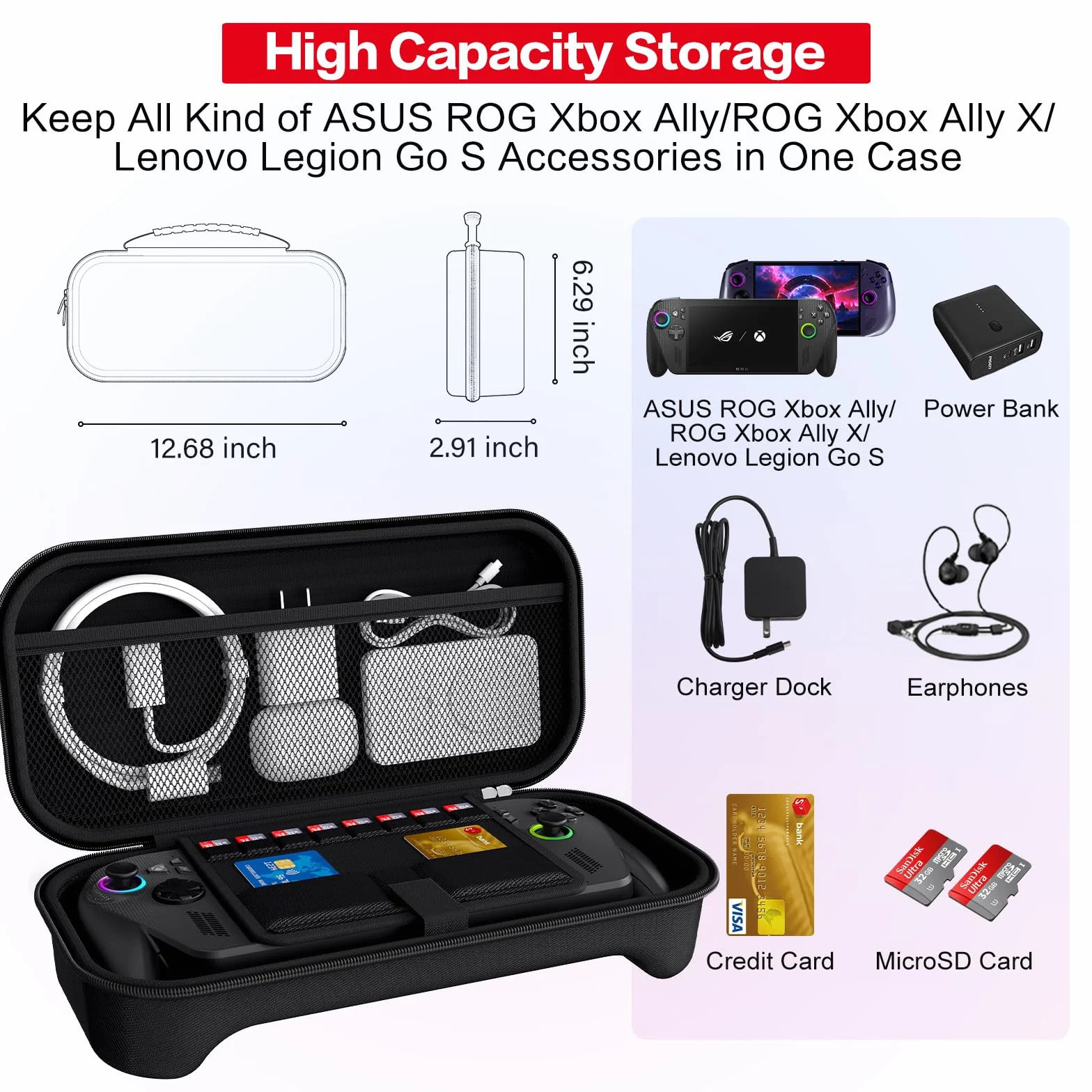 iVoler Custodia Protettiva per ASUS ROG Xbox Ally / ROG Xbox Ally X (7 Pollici), Borsa da Trasporto Antiurto con Scomparto Interno per Caricabatterie e 8 Slot Micro SD - Nero