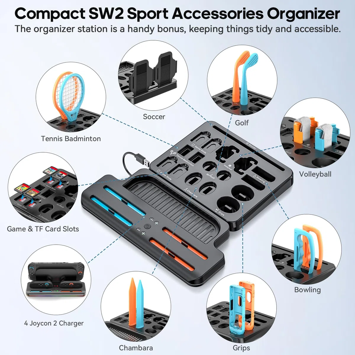 All-In-1 Kit Accessori per Switch 2 Sports con Stazione di Organizzativa & Caricatore Joy-con 2, Switch Organizer per Gioco Sport Nintendo Switch 2025, Switch 2 Accessories Kit Sports per la Famiglia