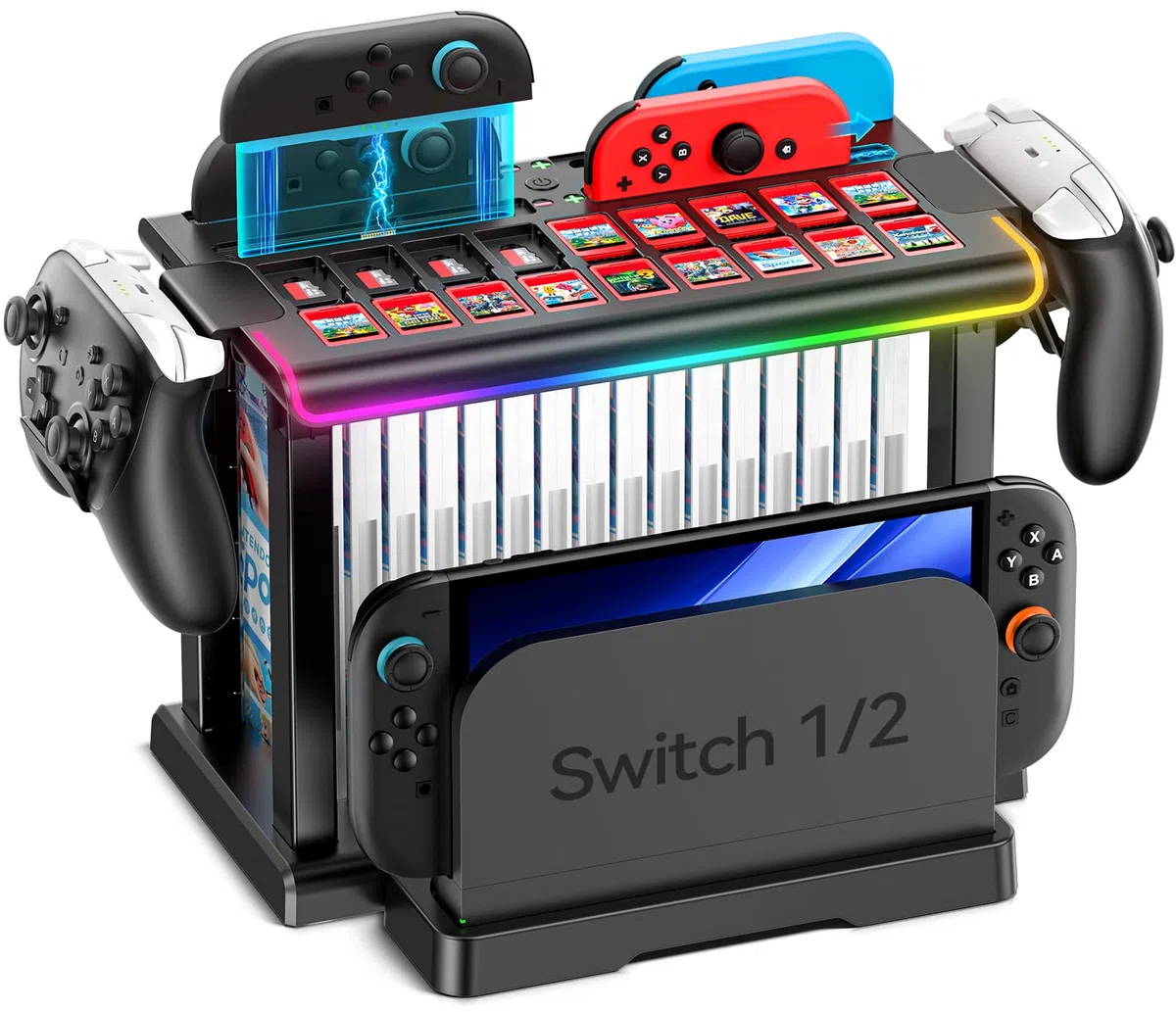 Supporto di Organizzazione per Switch 2/OLED con Caricatore Joycon, Base di Archiviazione per Switch 2025 con Dock TV, Luce RGB Base di Ricarica Magnetica Joycon con Porta Schede Gioco (16 Slot)