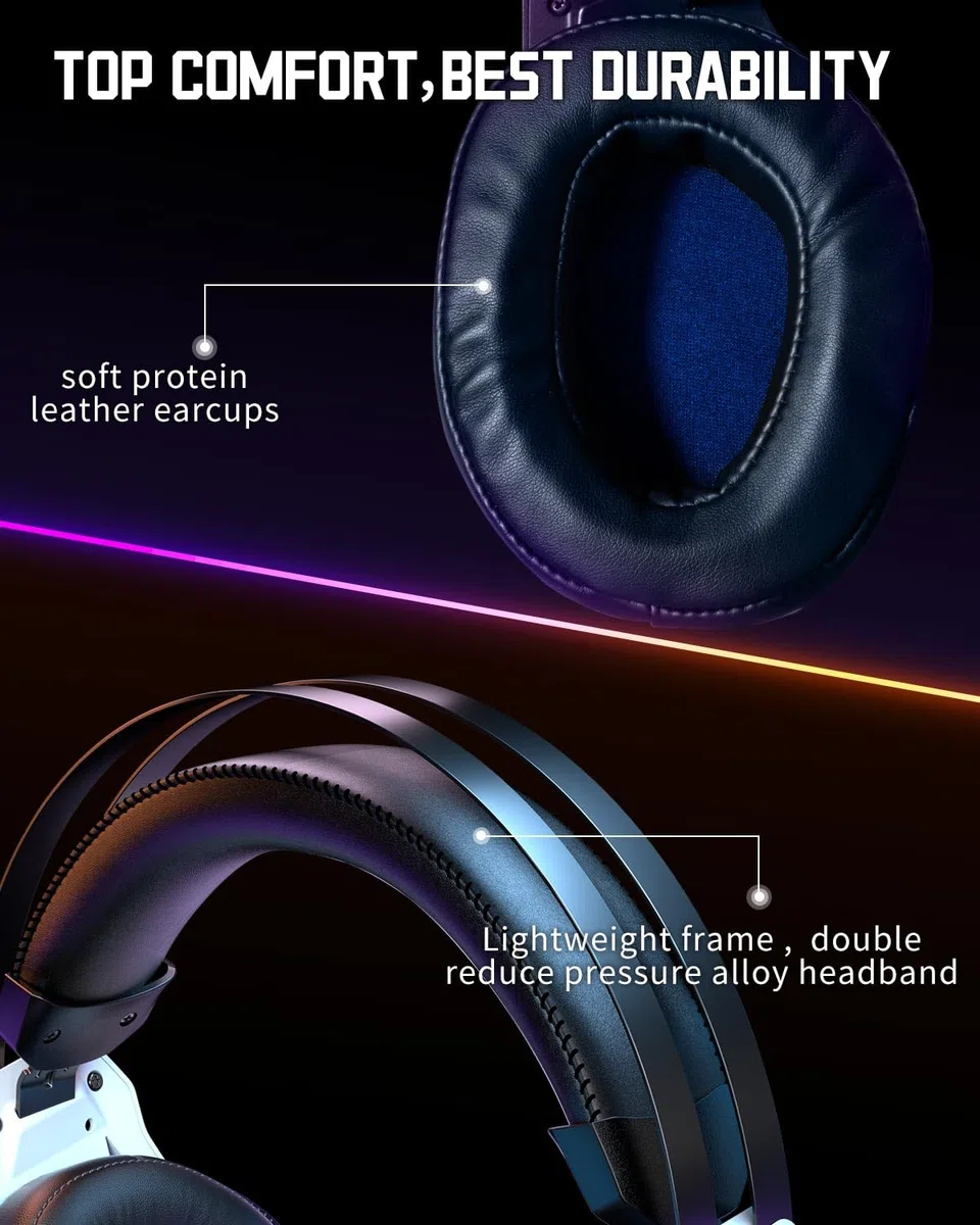 Ozeino Cuffie da gioco per PS4 PS5 PC Xbox One Switch, cuffie over-ear con suono surround, microfono con cancellazione del rumore, fascia a sospensione bianca
