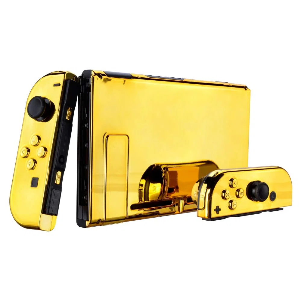 eXtremeRate Cover Pulsanti Tasti Kit Ricambio per Nintendo Switch Joycon Console,Cover Custodia Guscio Scocca Shell DIY Ricambio per Nintendo Switch(Senza Console/Joycon)-Oro Cromo