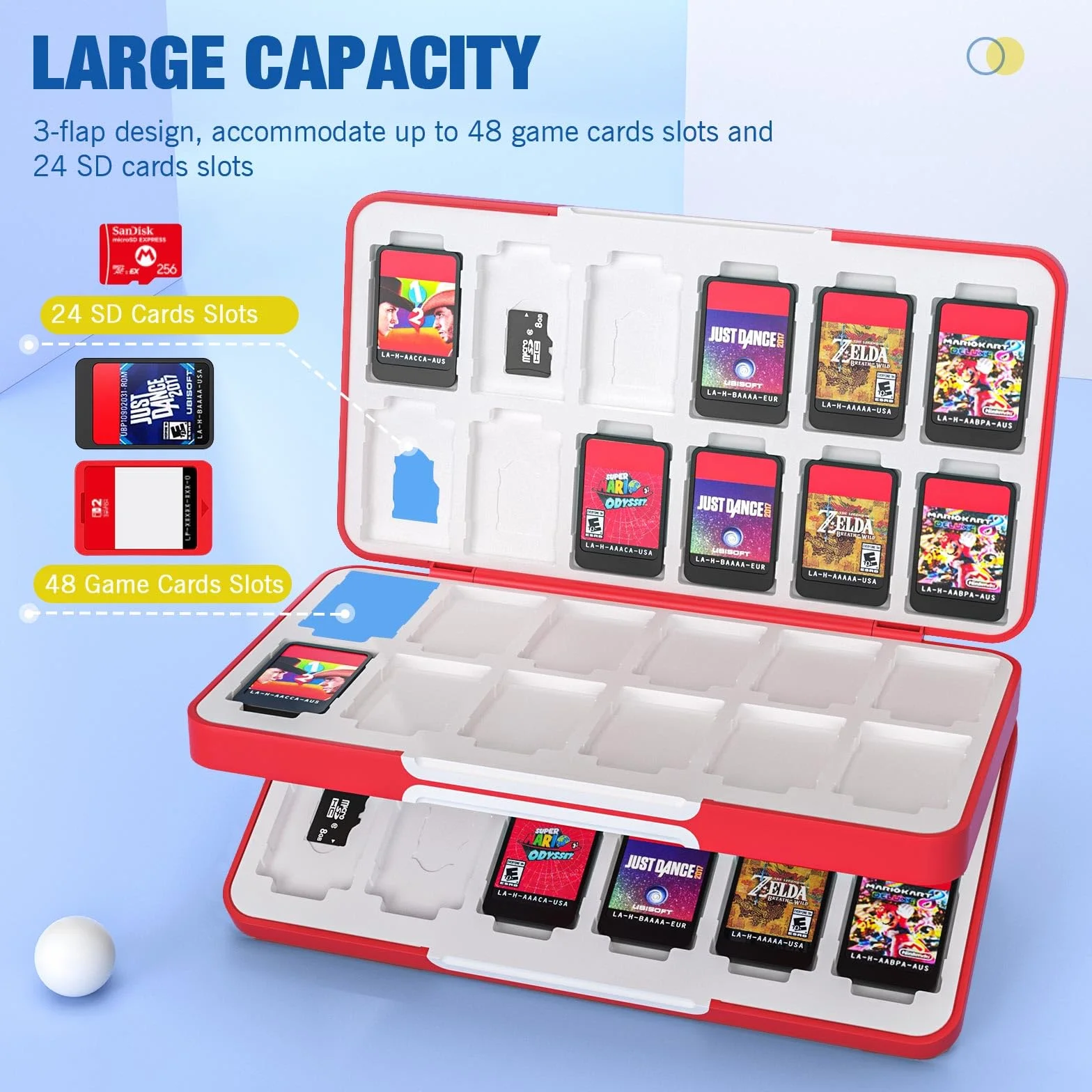 MoKo Porta Schede, Custodia Porta Cartucce di Gioco Compatibile con Switch 2/Switch OLED 2021/Lite, Custodia Protettiva con 48 Scompartimenti Schede Gioco, 24 Scompartimenti Micro SD, Bianco&Rosso