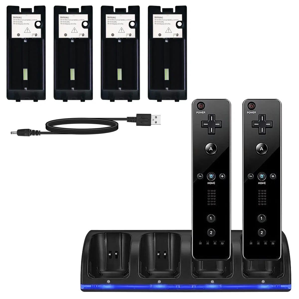 Stazione di Ricarica per Controller WII 4 in 1, Stazione Di Ricarica con 4 Batterie Ricaricabili Da 2800 Mah e Indicatori LED per Il Controller Wii (Nero)