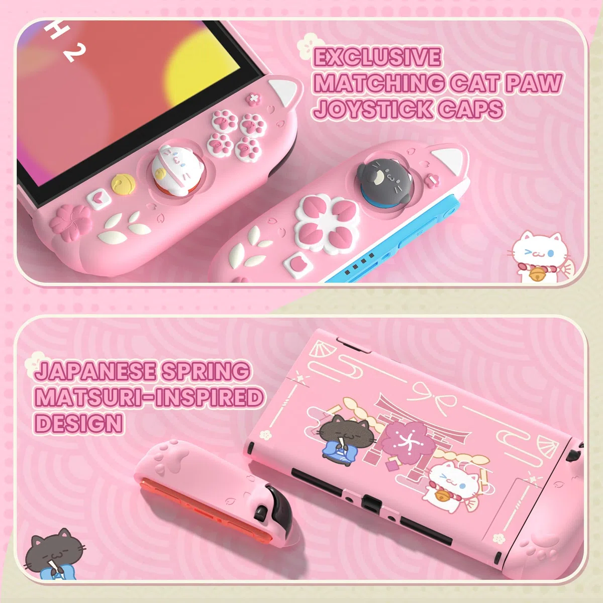 playvital Cover Dockable per Nintendo Switch 2, Custodia Silicone per Joycon 2&Copertura Console Protettiva Rigida&Supporto Regolabile Extra&Copri Analogici Carini, Gattino di Fiori-Rosa