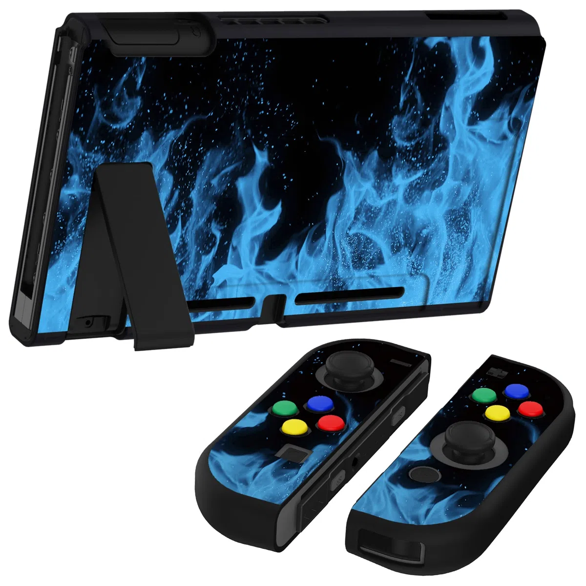 PlayVital Cover Protettiva Custodia per Nintendo Switch Copertura Morbida TPU Case per Joycon Console con Copri Tasti ABXY Direzionali Colorati-Fiamma Blu
