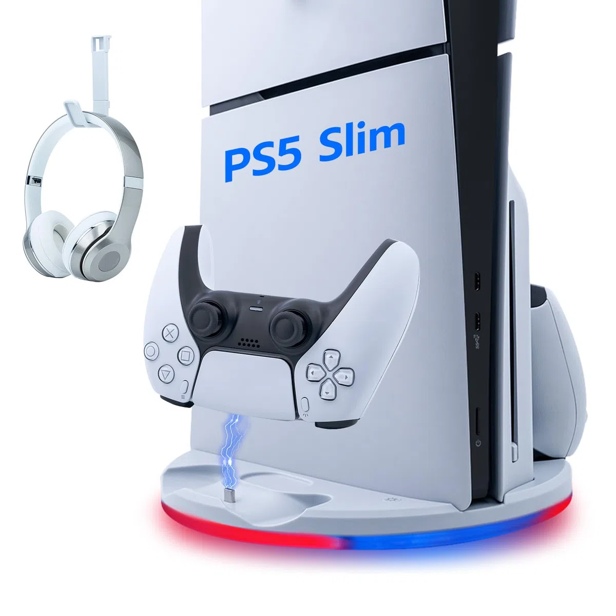 Wigearss Supporto Verticale PS5 Slim con Doppio Caricatore Controller, Base di Ricarica Joystick PS5 con Illuminazione RGB per PS5 Slim DE/UHD, Non per PS5/PS5 Pro
