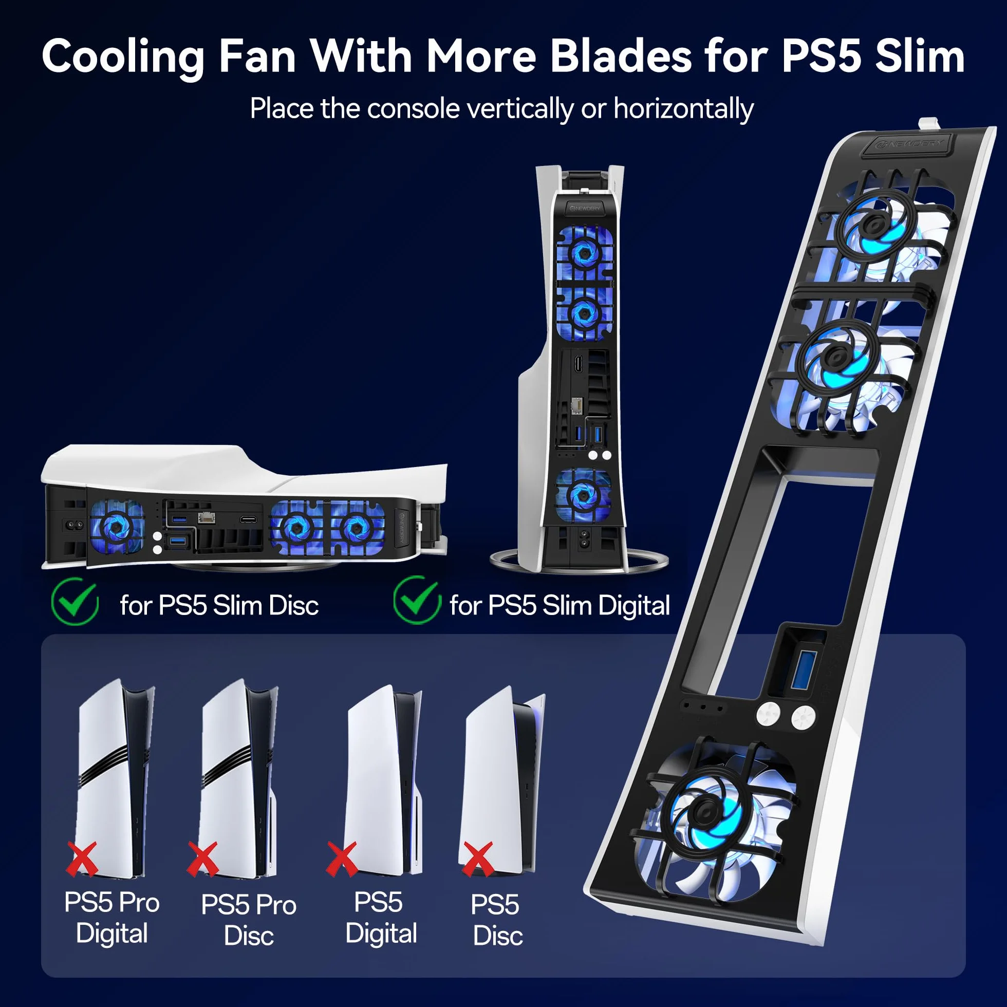 NEWDERY Ventola di raffreddamento per console PS5 Slim, ventola di raffreddamento silenziosa aggiornata, velocità regolabile in temperatura automatica, luce RGB dinamica, porta USB 3.0