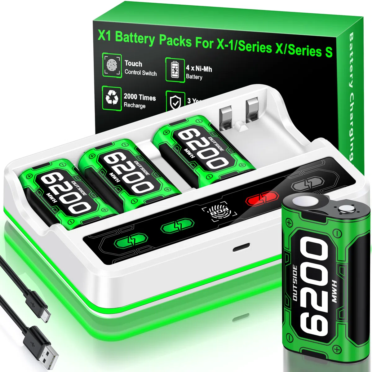 Batteria per controller Xbox One/Series X&S 4 batterie Xbox da 6200 mWh compatibili con Xbox One/Xbox Series X|S/Elite Controller, accessori per batteria Xbox con cavo di ricarica da 1 metro, ricarica