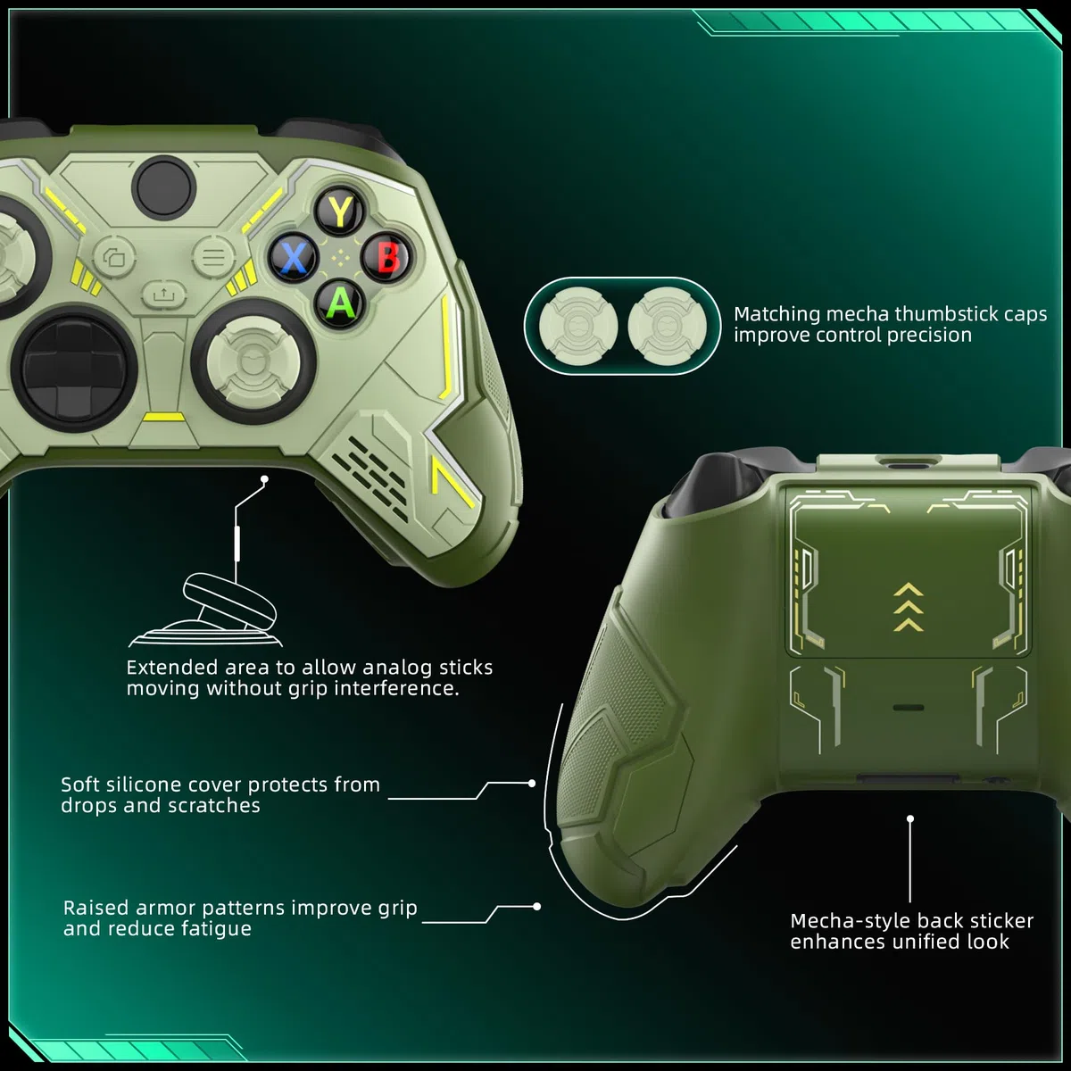 playvital Cover Controller per Xbox Series X/S Joystick, Custodia Silicone Case Grip Antiscivolo & Copri Levette Analogiche & Adesivi, Accessori Protettivi, Mecha Stellare-Verde