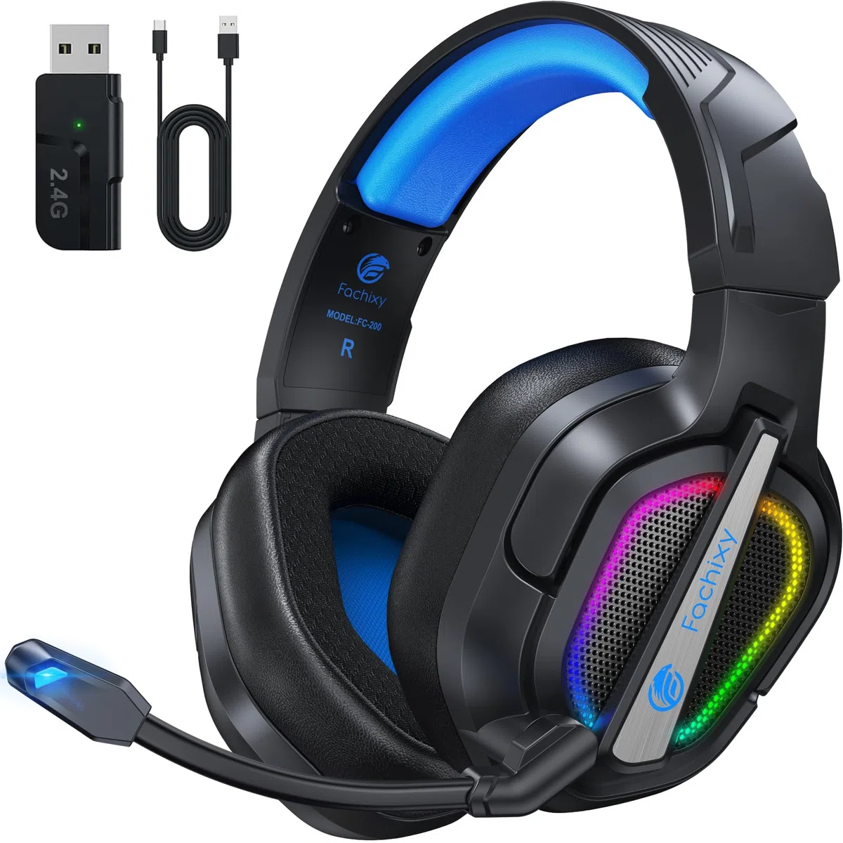 Fachixy FC200「2025 Nuova」Cuffie da gioco senza fili Per PS5, PS4, PC - 2.4GHz e Bluetooth con microfono - Suono stereo 3D e 50 ore di durata della Batteria - Per tablet, Switch, smartphone, nero-blu