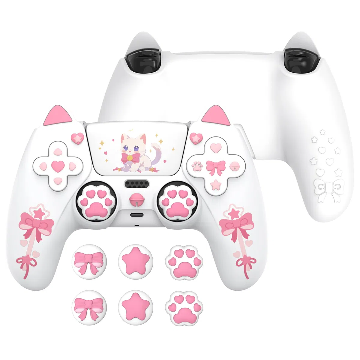 PlayVital Cover Joystick per ps5 Controller,Skin Silicone Antiscivolo&6 Copri Analogici&Adesivi,Custodia per ps5 Joypad-Compatibile con Base di Ricarica-Gattino Carino,Bianco