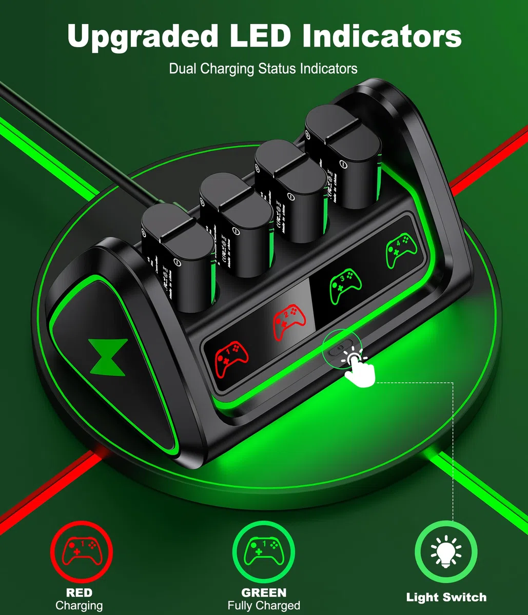 Batteria per controller Xbox con 4 batterie da 5520 mWh per Xbox One/Xbox Series X/S, stazione di ricarica ricaricabile per Xbox One con porta USB per la ricarica