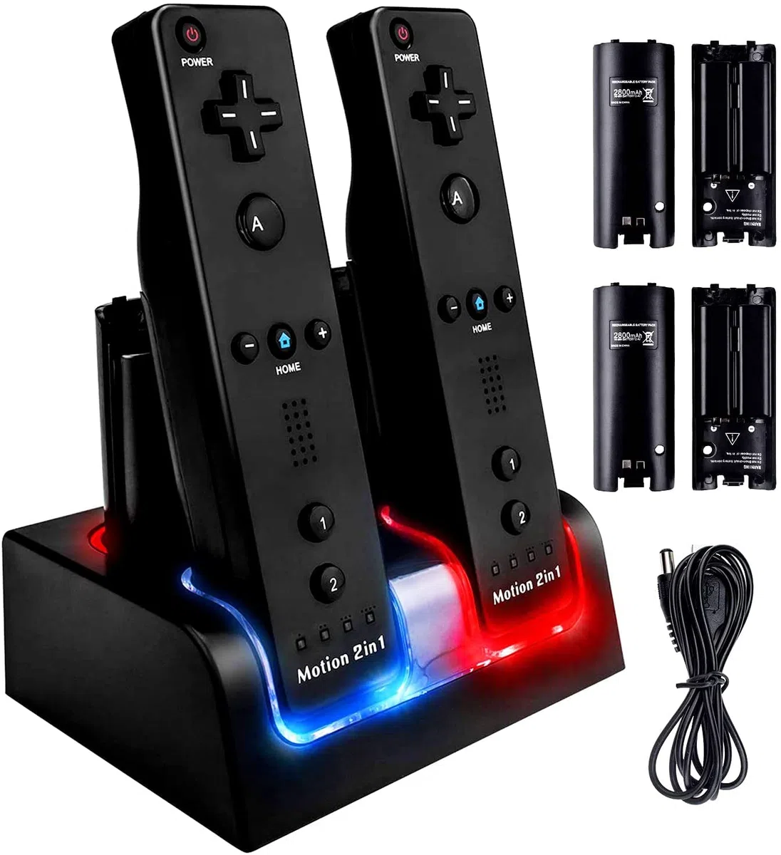 TechKen Wii Controller Charger, Stazione di Ricarica per 2 Telecomandi Wii e 2 Akkus Wii Wiimote Stazione di Ricarica con 4 Batterie da 2800MAH (Black)