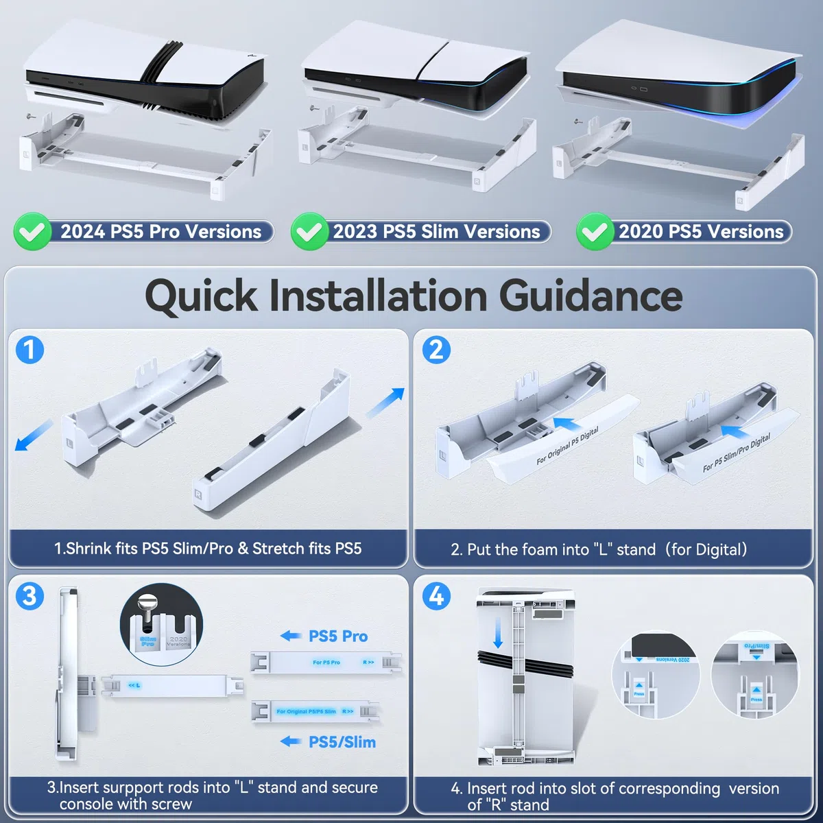 PS5 Supporto Orizzontale, Supporto per PS5 Compatibile con Playstation 5/Slim/Pro Console Disc & Digital Editions con Fissaggio a Vite - Bianco