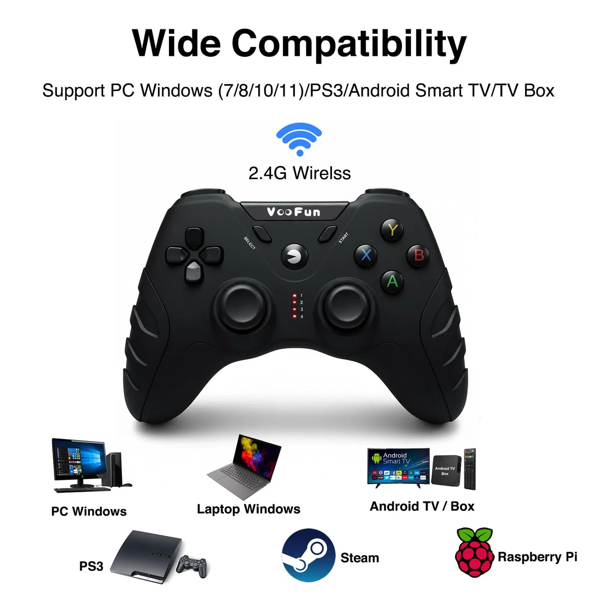 VooFun Controller PC Wireless con Hall Joysticks, 2,4G Controller PS3 Joystick PC con Doppia Vibrazione, Gaming Gamepad per PS3, Windows 7/8/10/11, Steam, Laptop, Raspberry Pi, Android TV