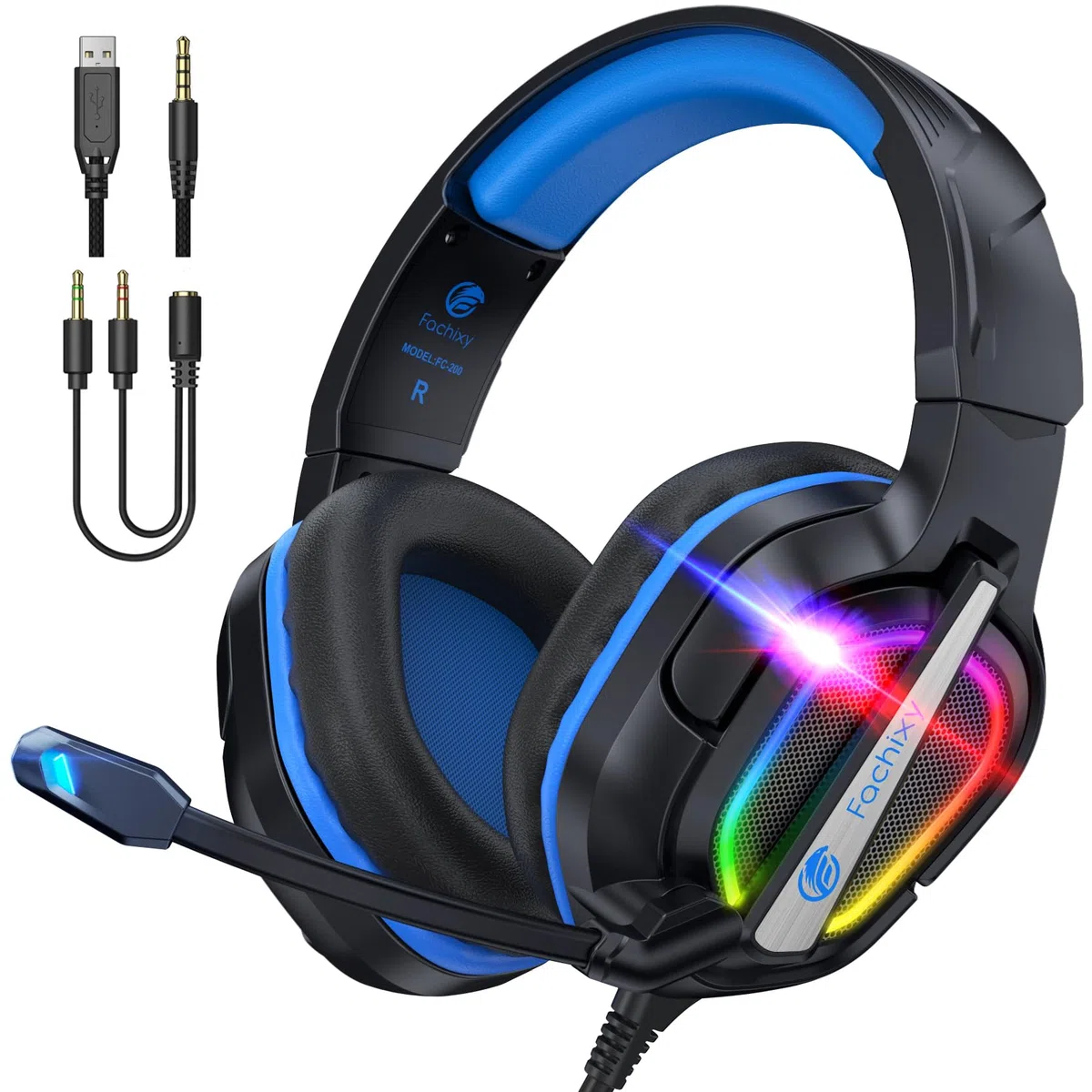 Fachixy FC-200 Cuffie da gioco pieghevoli per PS5, PS4, PC, Xbox, Nintendo Switch, con microfono ENC, cuffie da gioco da 3,5 mm con luce RGB, RGB Nero Blu