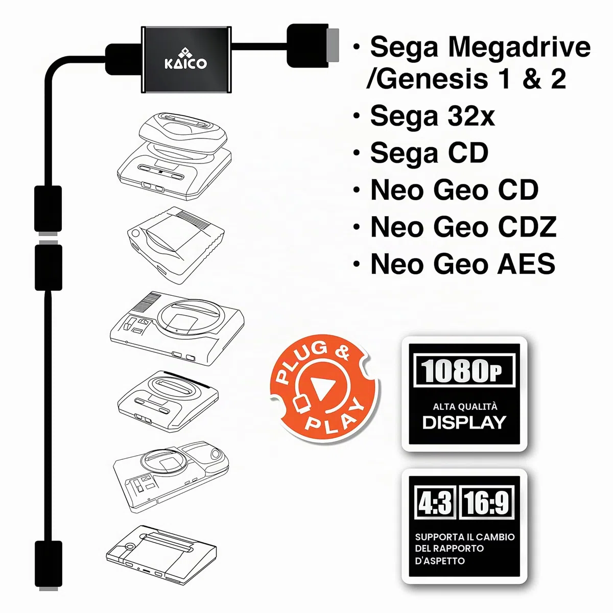 Kaico Adattatore HDMI Megadrive 1080p SEGA - Da utilizzare con Sega Genesis - Supporta l'uscita video S - Supporta console PAL e NTSC - Interruttore rapporto di aspetto per 16:9 o 4:3