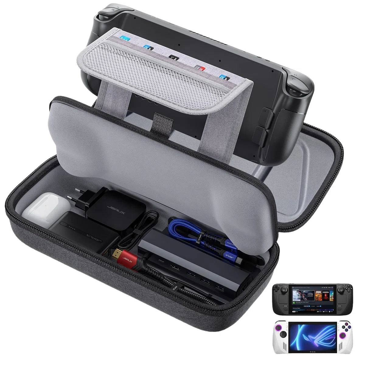 JSAUX Custodia per Steam Deck/ROG Ally/ROG Ally X, Custodia Protettiva a Guscio Rigido con Scomparti per Caricatore e Docking Station, Custodia da Viaggio Portatile per Console e Accessori-BG0106X