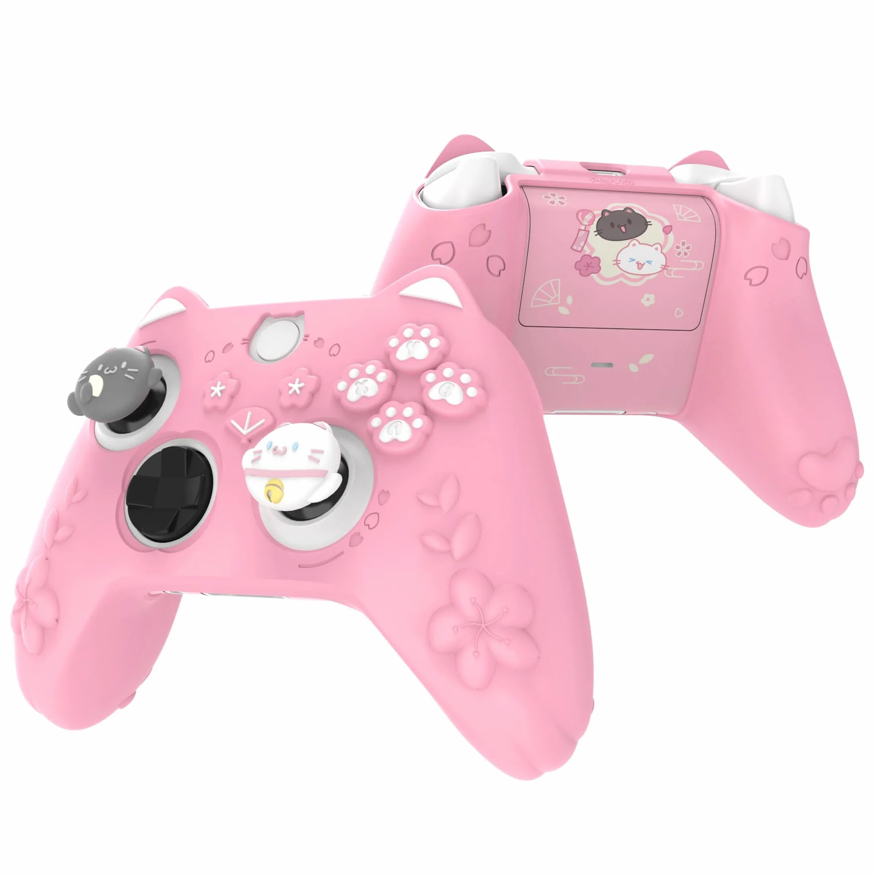 playvital Cover Controller per Xbox Series X/S Joystick Custodia Silicone Case Grip Antiscivolo con Copri Levette Analogiche e Adesivi, Accessori Protettivi Carini, Gattino di Fiori-Rosa