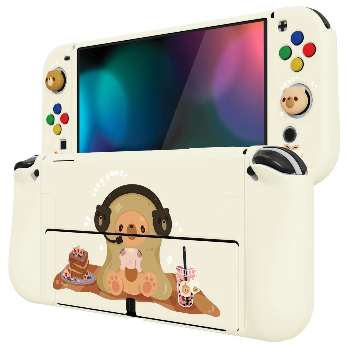 playvital Cover Custodia per Nintendo Switch OLED,Copertura Morbida TPU Protezione per Joycon Console con Copri Analogici/Tasti (ZealProtect) - Orso Giocatore