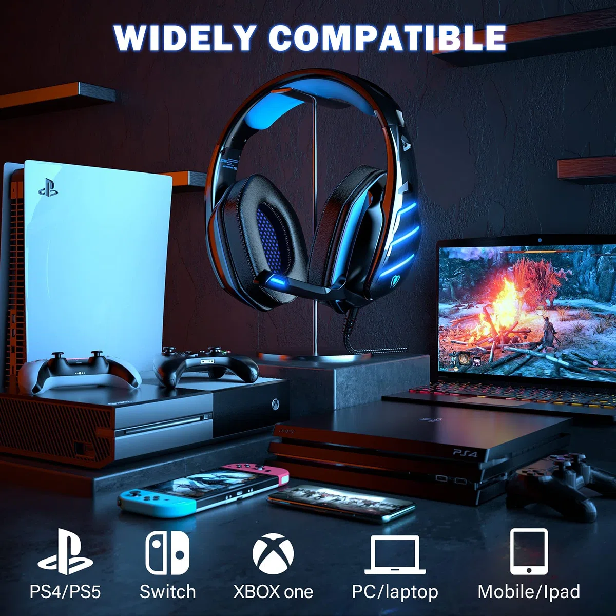 Cuffie Gaming PS4 PS5, Bass Profondo Stereo per Xbox One PC Mac con Microfono e Cancellazione del Rumore