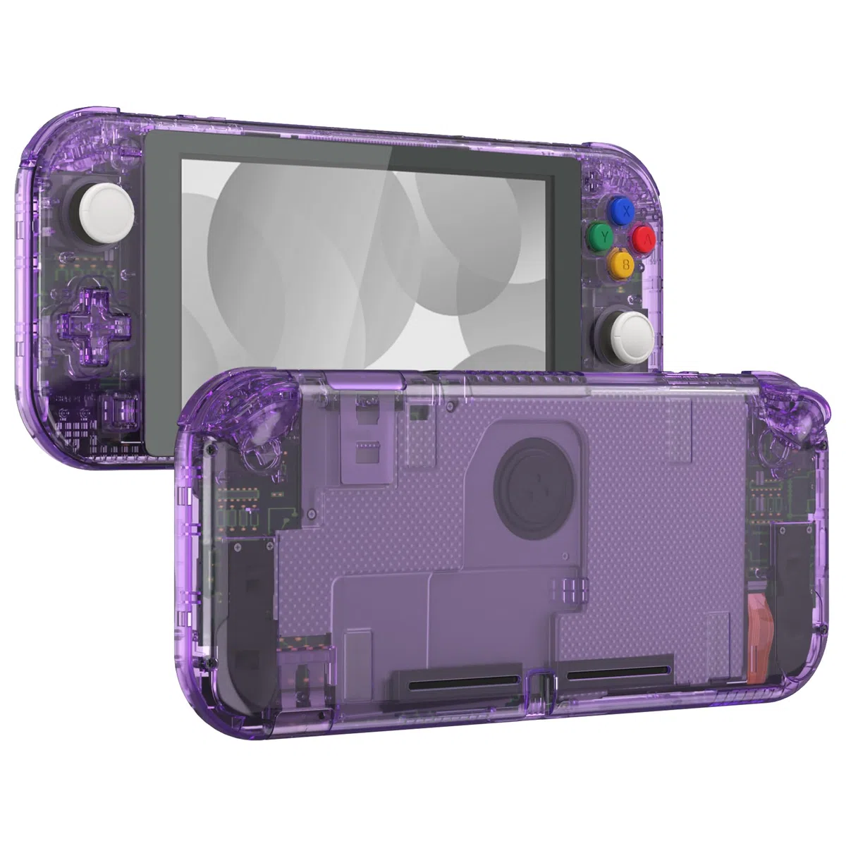 eXtremeRate Custodia Cover Scocca Pulsanti Tasti ABXY DIY Ricambio per Nintendo Switch Lite con Protezione Schermo Pellicola Vetro Temperato(Non Include Console)-Trasparente Viola Atomico