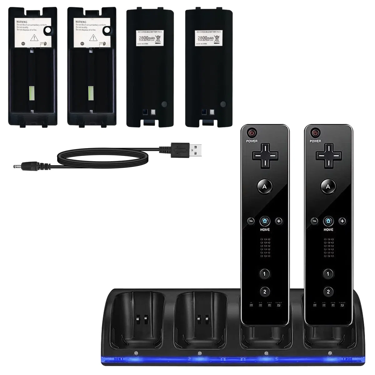 SANON Stazione di Ricarica per Controller Wii, 4 Dock di Ricarica Dock Station per Caricatore Remoto Wii con 4 Batterie Ricaricabili da 2800mAh & indicatori LED, Nero