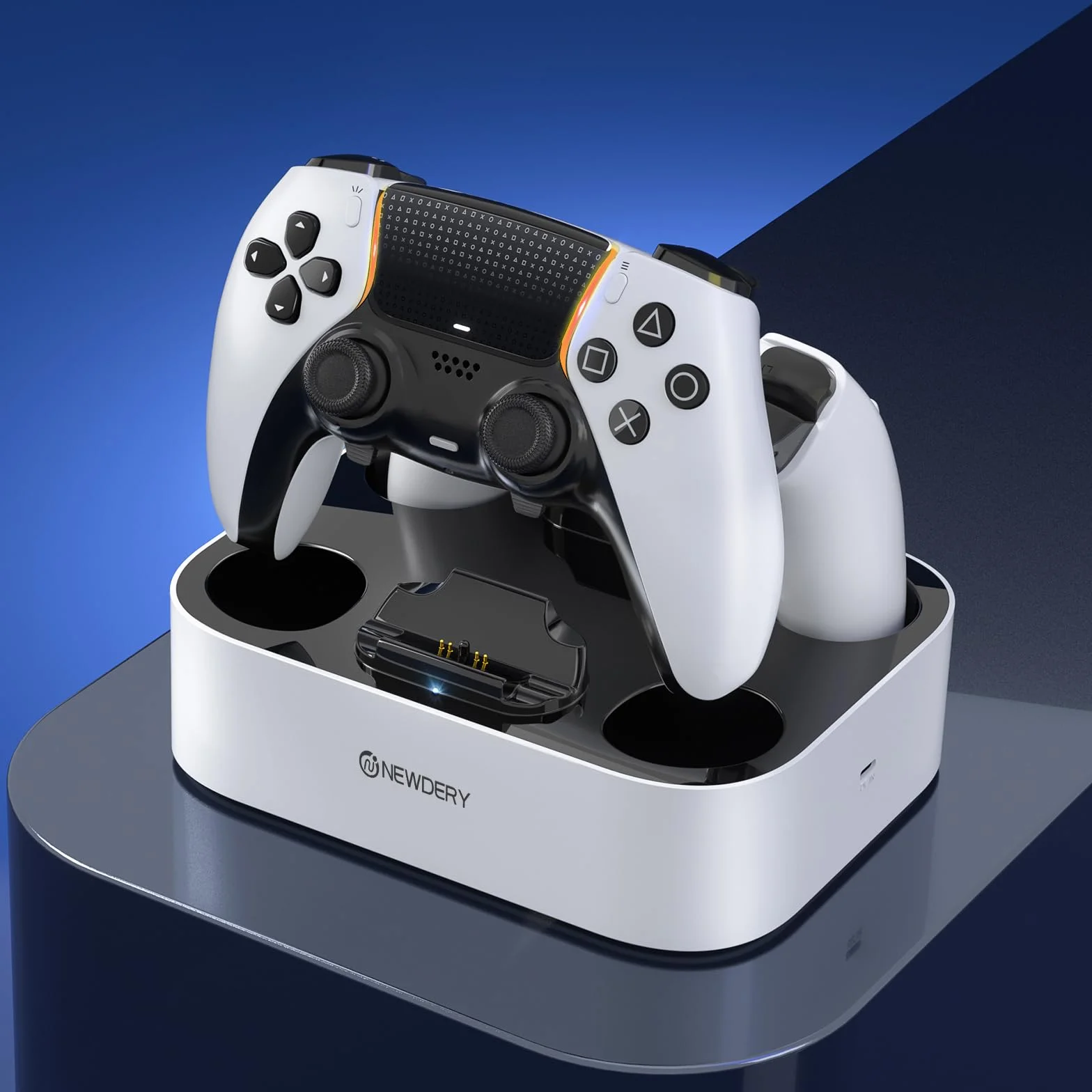 NEWDERY Stazione di ricarica per controller PS5 Dual-Sense Edge & PS5, docking a ricarica rapida, supporto per controller Play-Station 5 Edge & PS5 con indicatori luminosi a LED